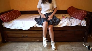 Asian teen in short skirt makes herself cum with vibrator